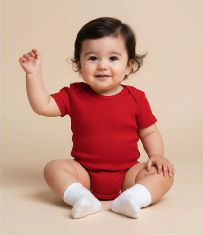 Bebê sentado de body vermelho e meias