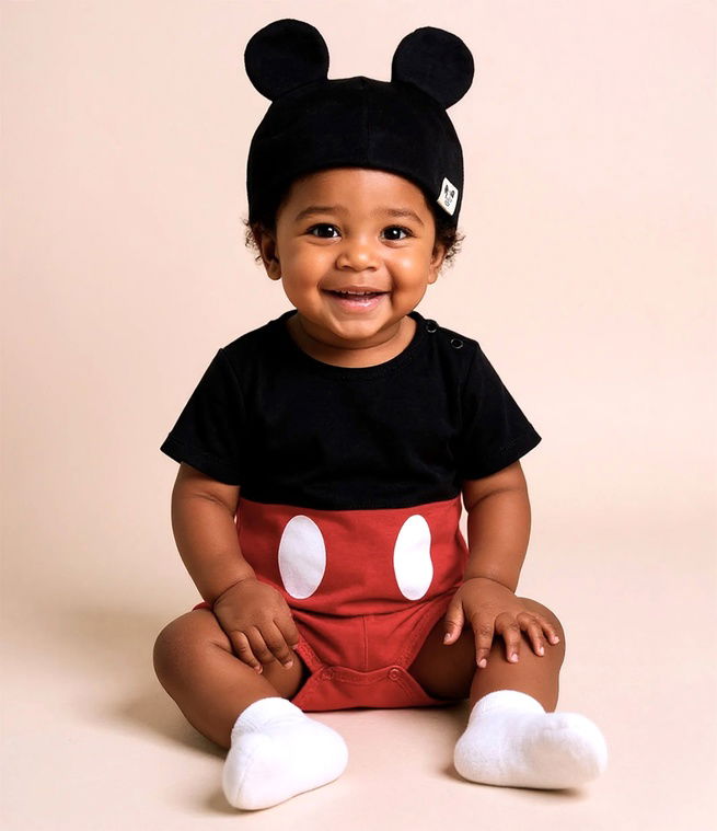 Bebe negro com body do mickey e gorro com orelhinhas