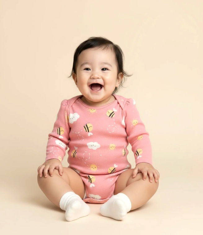 bebê asiático sorrindente sentado de frente com body rosa e meias brancas