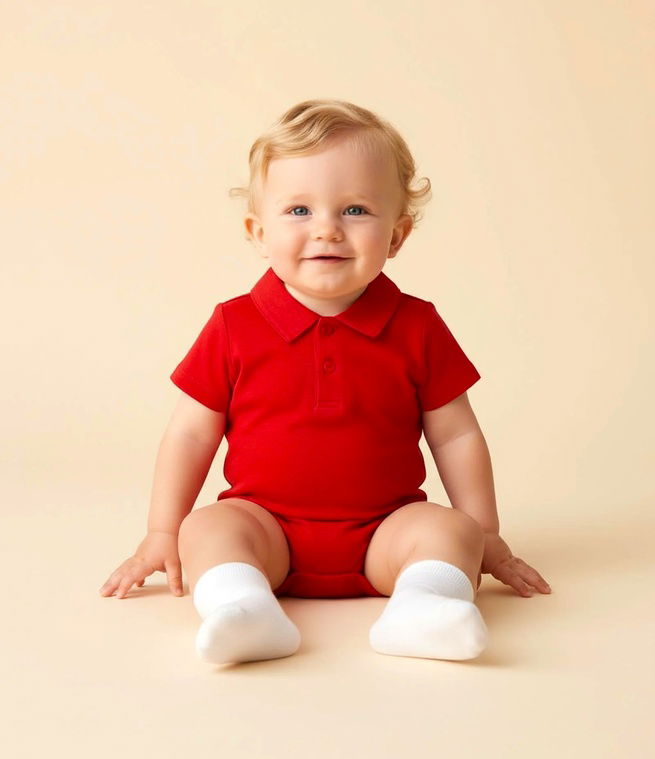 bebe loiro sentado com body de gola vermelho