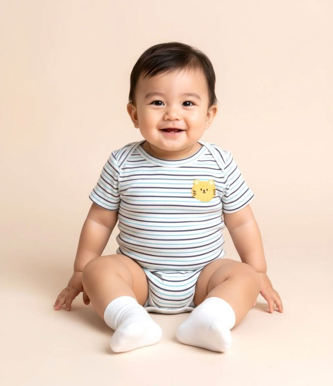 bebe asiático sorridente sentado com bpody delistras azuis e ursinho