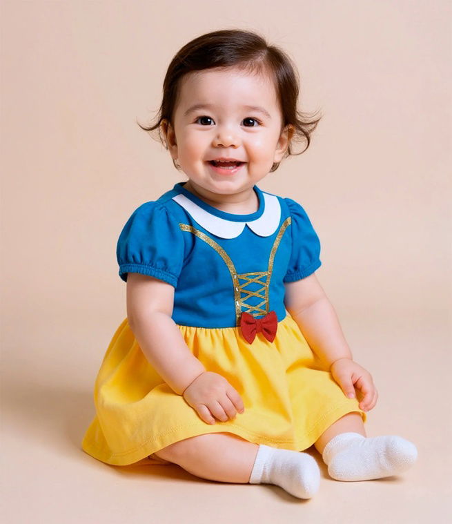 bebe sentada com vestido azul e amarelo da branca de neve