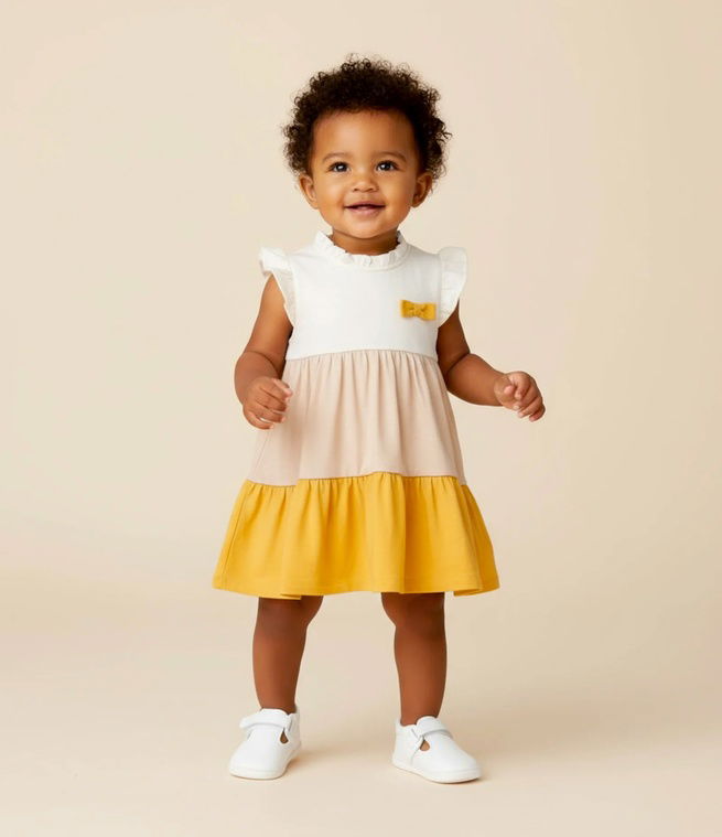 Bebe negro sorridente de pé com vestido colorido com lacinho e sapatinhos brancos