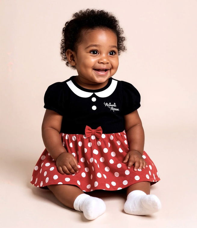 Bebê negra sorridente sentada usando vestido vermelho e preto