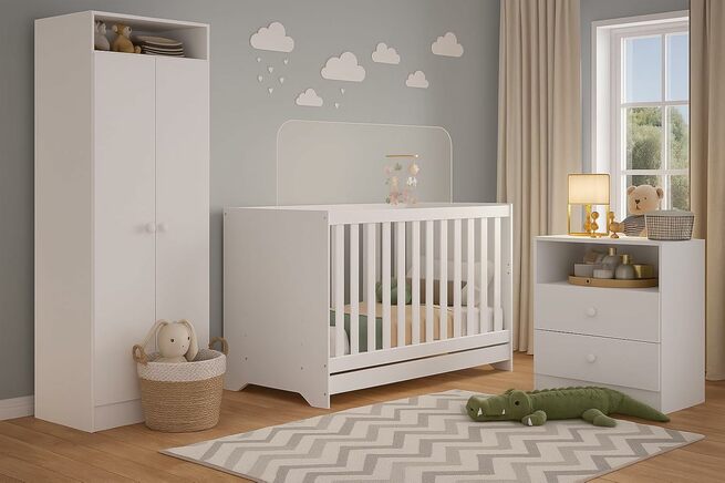 Quartinho de bebê completo, com tapete, parede cinza e nuvens de decoração