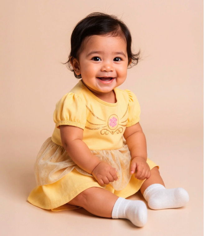 Bebê asiático sentado sorridente com vestido amarelo com tule e meias brancas